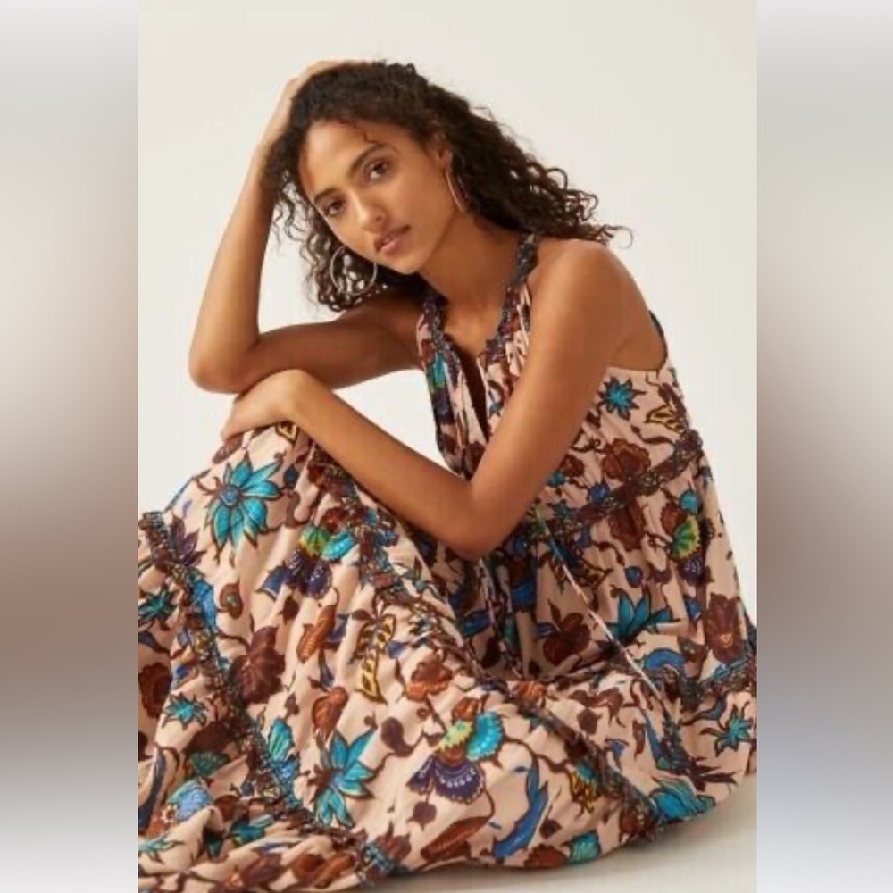 Anthro Love the label V-neck tiered ruffled maxi dress browns blues floral New S - Picture 7 of 16